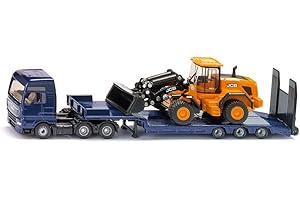 siku 1790, MAN camion surbaissée et une chargeuse sur roues JCB, 1:87, Métal/plastique, Bleu/Jaune, Rampe pliante, Remorque surbaissée