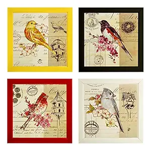 Indianara Set of 4 Birds Paintings in Red Yellow Black White Frames (2125) Without Glass 9.5 x 9.5 inch Each