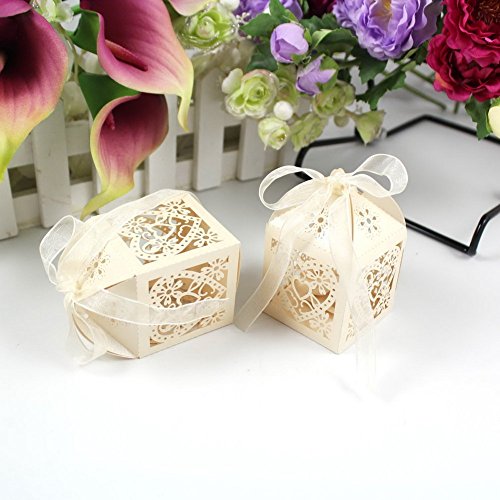 Veewon 50pcs Herz schneiden Süßigkeiten-Boxen Geschenktüten Mit Band Hochzeitsfest Bevorzugung Tischdekoration (Beige) - 2
