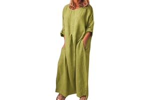 Generisk dam linneklänning sommar lång: sommarklänning linneklänningar 3/4 ärm boho muslinklänning enfärgad strandklänningar elegant fritidsklänning bomull linne maxiklänning vintage strandtunika
