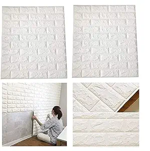 Lukzer (2 Pc) 3D Foam Brick Wall Stickers Panel Self Adhesive Peel & Stick Wallpaper for DIY Wall Home D?cor (Thickness 8MM, White, 70 X 77 cm)