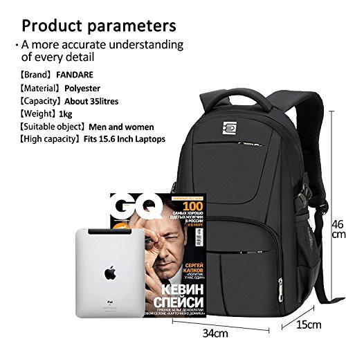 FANDARE Mode Rucksack 15.6 Zoll Laptoprucksäcke Notebook Fahrradrucksäcke Wanderrucksäcke Schulrucksack Outdoor Backpack Daypack Reisen Studenten Herren Damen Wasserdicht USB Port Polyester - 6