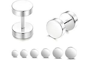 Uwiyo 6 Pairs Stud Earrings, Stainless Steel Dot Stud Earring for Men Women Silver Black Screw Flat Back Earring Fake Plug Screwback Earrings Piercing Set Unisex, 3-8mm