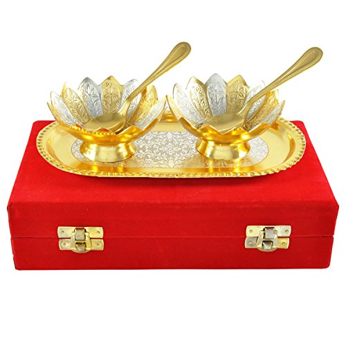 Jaipur Ace Richi Rich Gold and Silver Plated Brass Bowl Tray Set