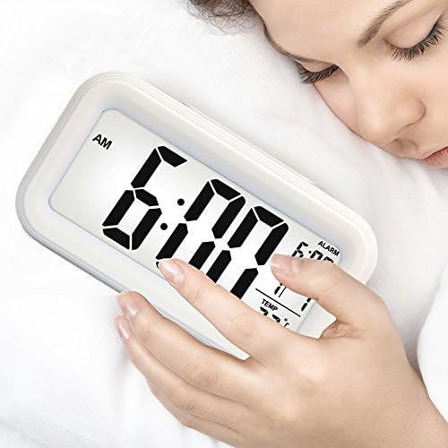 Enllonish Digital Clock Alarm Clock Digital Large LCD Display Battery Operated Modern Portable Multi-function Clock Time Date Month Temperature Fits for Office Bedroom Dormitory Travel (White)