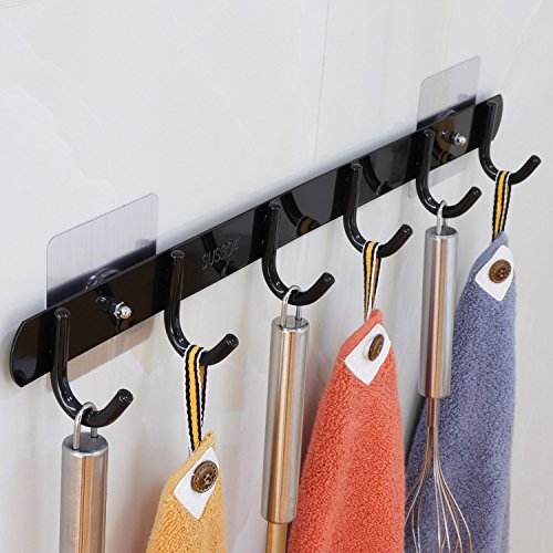 Preisvergleich Produktbild EINFAGOOD Türgarderobe Edelstahl, Garderobe Kinderzimmer mit Magie-Klebepads, 6 Türhaken, Einstellbar Nach Dem Wachstum des Kindes, Edelstahlt Schwarz Lackiert