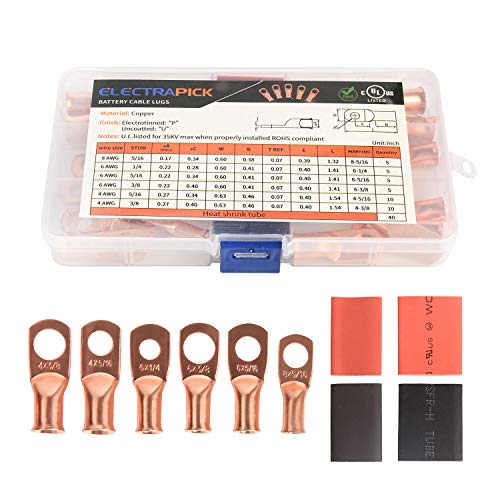 ELECTRAPICK Copper Wire Lugs Battery Terminal Connectors Cable Ends 6 AWG 4 AWG 2 AWG 5/16 3/8 Ring Lugs 2:1 Heat Shrink Tube