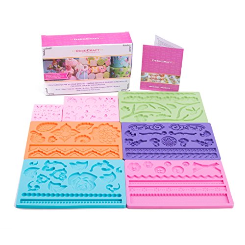 DecoCraft – 8 Stück verschiedene Kuchensilikon Kuchendekorationsdesigns und Ränder Glasurformen für Kuchen/ Cookies und Cupcakes – Rosen/ Herzen/ Blätter/ Perlen/ Ränder/ gemischte Blumen/ Schleifen/ Knöpfe + KOSTENLOSE Broschüre mit Hinweisen und Tipps - 2