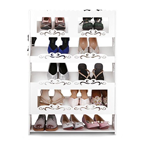 Finether Schuhregal Schuhablage Stehregal Standregal Steckregal im Barock Stil für Wohnzimmer zur Aufbewahrung von Schuhe Zeitschriften aus WPC 5 Böden 90 x 64 x 17cm weiß. - 3