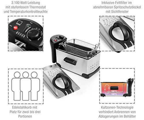 Sänger Fritteuse aus Edelstahl | 2.100 Watt Leistung | 3 Liter Fassungsvermögen | Kaltzonen Friteuse mit stufenlosem Thermostat und Temperaturkontrollleuchte | Deckel verhindert Fettspritzer - 2