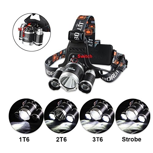 Glighone wiederaufladbare LED Helm Licht Kopf Taschenlampe mit 4 Modi, 3 * XM-L T6 LED Focus Wasserdichte Scheinwerfer Taschenlampe für Wandern Camping Jagd Klettern Radfahren Angeln im Freien Licht - 2