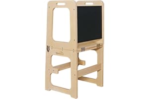 Torre de Aprendizaje de Madera para Bebés Montessori Robincool Evolutive II 43x40x86cm Convertible en Mesa y Silla 3 en 1 | Barra de Seguridad | Pizarra | Escalera Evolutiva Modular para Niños