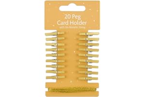ANGIX 20 x Wooden Peg Christmas Card Holders with 2m Metallic String, Mini Pegs for DIY Hanging Christmas Cards, Photo Display & Decorations, Decorative Light Clips for Holiday Decor (Gold)