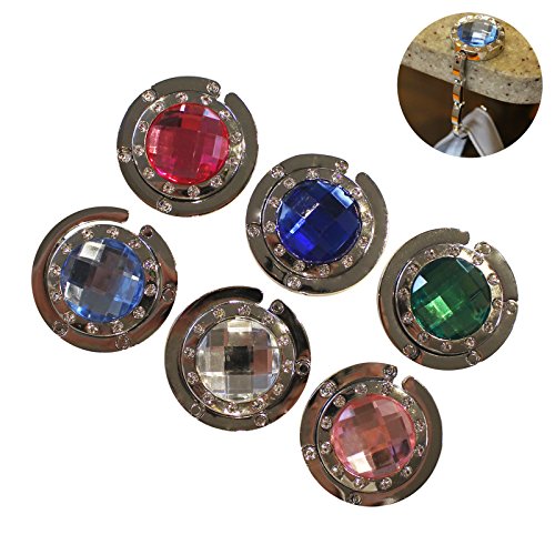 6 Handtaschenhalter Aufhänger mit Gliederhalterung ausklappbar und funkelnden farbigen Kristall Schmucksteinen von Kurtzy TM