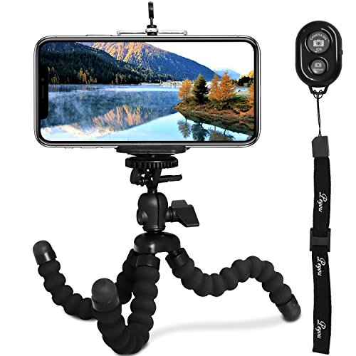 Tripod for iPhone, PEMOTech [Upgarded Version] 3 in 1 Octopus Style Portable and Adjustable Flexible Camera Phone Tripod Stabilizer Travel Stand Mount Holder with Bluetooth Remote Shutter for iPhone X/10,8/8 Plus,7/7 Plus,6/6s,6 Plus/6s Plus,SE/5s/5/5c,Samsung Galaxy S8/S8 Plus,S7/S7 Edge,S6/S6 Edge,Note 8/Edge/5/4/3&Cellphone,Camera,Digital Product(Black)