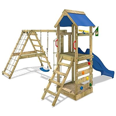 WICKEY Aire de jeux StarFlyer Portique de jeux en bois Tour d'escalade, toboggan bleu + bâche bleu