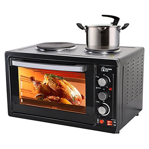spécification Mordern Life four électrique mini four 45 avec double plaques chauffantes Grill et rôtisserie comprend Pan & Wire rack, acier inoxydable 1800W noir