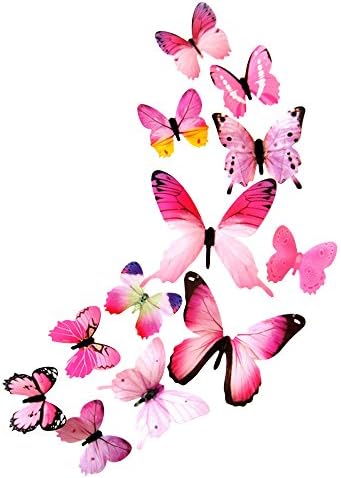 DEKOWEAR 3D Butterfly realistic 12pcs set Wall Decoration with Glue Points for fixing Walltattoo Wallsticker Wall Decoration (Pink)