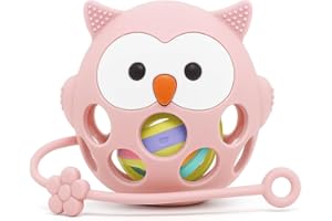 MÜVI – Mordedor bebé con sonajero y correa, texturas sensoriales para dentición, diseño que mejora coordinación mano-boca, +3 meses, silicona alimentaria, sin BPA - Baby teether (Rosa Palo)