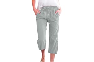 YOLIMOK Women Linen Cropped Trousers with Elasticated Waist Ladies Wide Leg Trousers with Pockets, Baggy Capri Pants Summer Solid Casual Work Trousers Beach Pants Loose Fit Track Lounge Pants