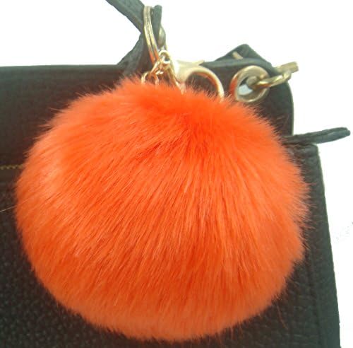 Modelshow 2 Pieces Colorful Charm Faux Fur Pom Pom Fuzzy Plush Ball Pompon Pendant with Keychain Key Ring (orange red)