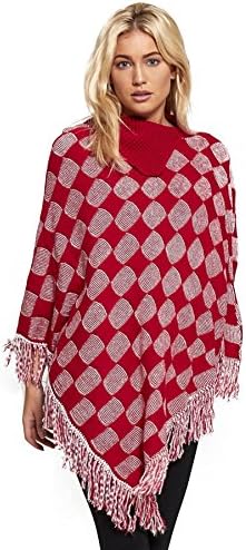 Yasong Women Ladies Girls Hooded Cape Coat Knitwear Cloak Tartan Check Shawl Tassel Wrap