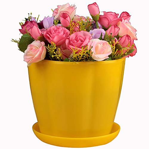Preisvergleich Produktbild Anqeeso Blumentopf, Kunststoff, Kreis Blumentöpfe Pflanzgefäße mit Untertasse Palette des frischen Setzlinge Töpfe für Home Office Dekoration, 5 Größe, gelb, 1set,5 different sizes