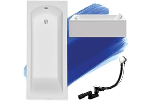 BAD LAND BADLAND SHEA Baignoire rectangulaire en acrylique blanc 180 x 80 cm Kit complet avec tablier en acrylique blanc, pieds et bonde automatique exclusive chromée, fabriqué en UE, 4 en 1