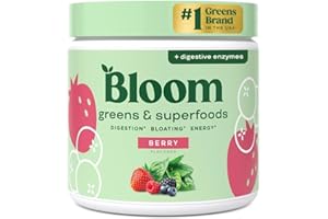BLOOM NUTRITION Bloom Superfood Powder Women - Baie - Avec probiotiques, enzymes, spiruline, chlorella - Favorise la santé intestinale, la désintoxication et l'énergie - Anti-bloating - 25 portions - Smoothie Boost