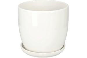 KOTARBAU® Macetero con Plato de Ceramica esmaltada, 15 cm, Maceta para Interiores y Exteriores, Tiesto Decorativo para Plantas, Blanco, con Plato y Orificio de Drenaje