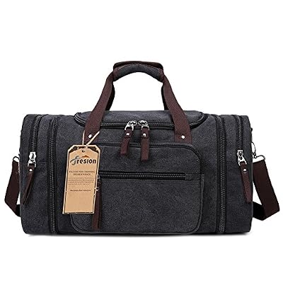 Fresion Unisex Sacs de Voyage Sac étanche en Toile et en Vrai Cuir Sac en Bandoulière Week-end Camping randonnée Sac à dos Pour Hommes et Femmes(Noir)