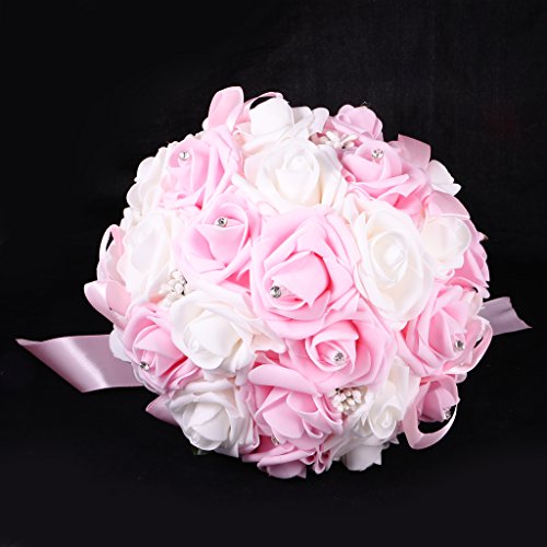 MagiDeal Kunstblumen Künstliche Tropfen Schaum Rose Kunstblumen Hochzeit Blumen Dekor Bouquet – Weiß und Rosa, 25 x 26 cm - 4