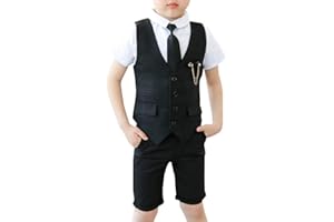 Shengwan Kinder Junge Anzug 4 Stück Sommer Hochzeit Anzüge Weste + Kurzarm Hemd + Kurze Hose + Krawatte Kinderanzug Festlich Outfit