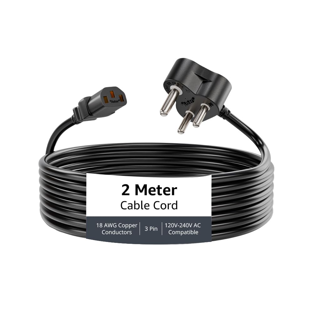Aster Power Cord 2M Reliable Replacement Power Cable with India Plug IEC Computer Mains Power Cable Cord for Desktop, Monitor, TV, UPS, Projector, SMPS and Printer, Power Supply