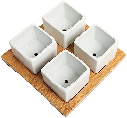 Succulent Pot White Ceramic Pot - Cactus Plant Pot 4 Square Containers with Bamboo Tray