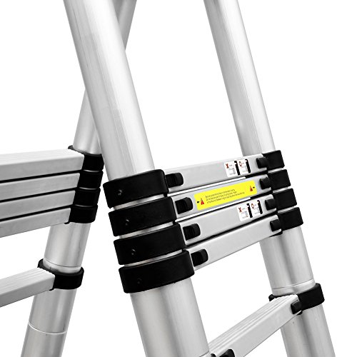 FEMOR 3.8M Alu Klappleiter und Teleskopleiter mit erweiterter Grundlage Aluleiter Sprossenleiter Schiebeleiter Klappleiter (3.8M mit Standfuß)) - 5