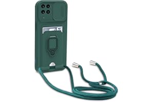 Dllatui Mobile Phone Case Compatible with Samsung Galaxy A22 4G/M32 4G, Necklace Lanyard, Silicone Case with Camera Protection Slider, Rotating Stand with Card Slot, Necklace Case (Green)
