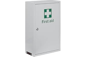 THE WORKPLACE DEPOT First Aid Medical Cabinet, White Steel Key Lock Wall Mounted Medical Emergency Cabinet with First Aid Stickers & 2 Keys for Workplace, School, Home (460(H) x 300(W) x 140(D) mm)