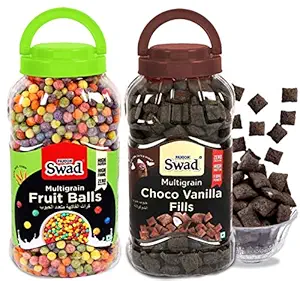 Swad Choco Vanilla Fills & Fruit Balls (Wholegrain Chocolate Breakfast Cereal Chocos Kids) 2 Jars, 740 g