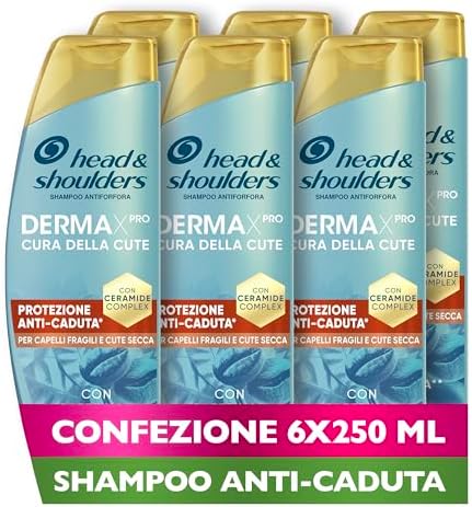 Head & Shoulders DermaXPro Shampoo Antiforfora Protezione Anti-Caduta 6x250ml con Caffeina e Complesso di Ceramidi Idrata Cute Secca e Capelli Fragili e Aiuta a Rinforzare la Barriera Cutanea