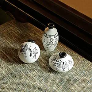 ExclusiveLane Terracotta Warli Handpainted Home Decorative Miniature Pots Showpiece (7.6 cm x 7.6 cm x 9.1 cm, White) - Set of 3, EL-004-001_RLCT