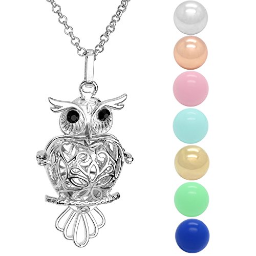 Jovivi Bijoux Collier Pendentif Ouvrir Ciselé Grossesse Forme Hibou Ciselé Avec Chaine Argent + 7PCS Grelots P