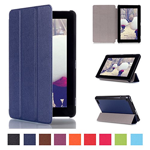 Fire 7 Lederhülle, G-i-Mall Dunkelblau Ultraslim PU Leder Hülle Etui Filp Folio Schutz Tasche Cover Case mit Standfunktion für Amazon Fire 7 Zoll Tablet (5. Generation, 2015 Modell)