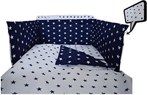 5 pc BABY BEDDING SET FOR COT 120X60 OR COT BED 140X70cm Inc -DUVET+PILLOW+DUVET COVER+PILLOW CASE+ BUMPER (COT 120X60, NAVY STARS-REVERSIBLE DUVET COVER)