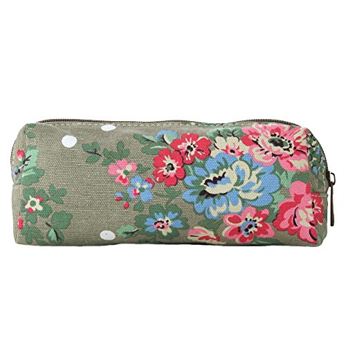 Grey &amp; White Floral Polka Dot Spot Canvas Pencil Case Make-up Brushes