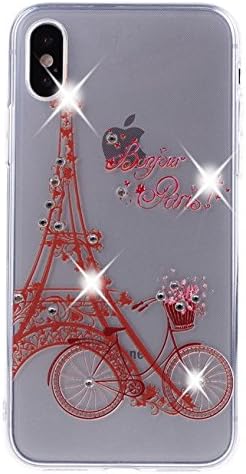 CXMALL iPhone X Case, Soft Flexible Clear TPU Silicone Rubber Gel Utral Slim Protective Cover Case with Bling Glitter Crystal Rhinestones Diamond for iPhone X 10 5.8 inch (Tower &amp; Bike)