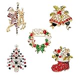 Smilucky Set of 5 Santa Clause Rhinestone Crystal Brooch Pin Christmas Party Decoration Ornament
