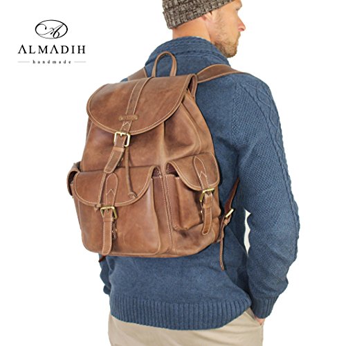 ALMADIH XL Leder Rucksack „M14“ aus echtem Rindsleder – Aktentasche Laptoptasche Schultertasche Umhängetasche Vintage braun - 5