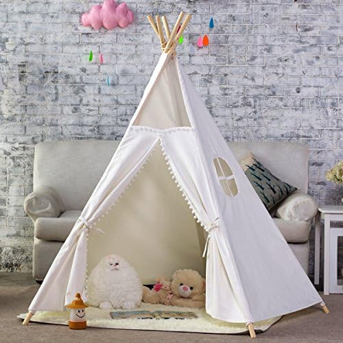 DalosDream 5 Poles Gaint Kids Teepee Tent -100% Natural Canvas Children Play Tent-Lace