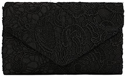 Zarla Ladies Envelope Clutch Bag Satin Lace Floral Women Evening Party Prom Bridal New Black